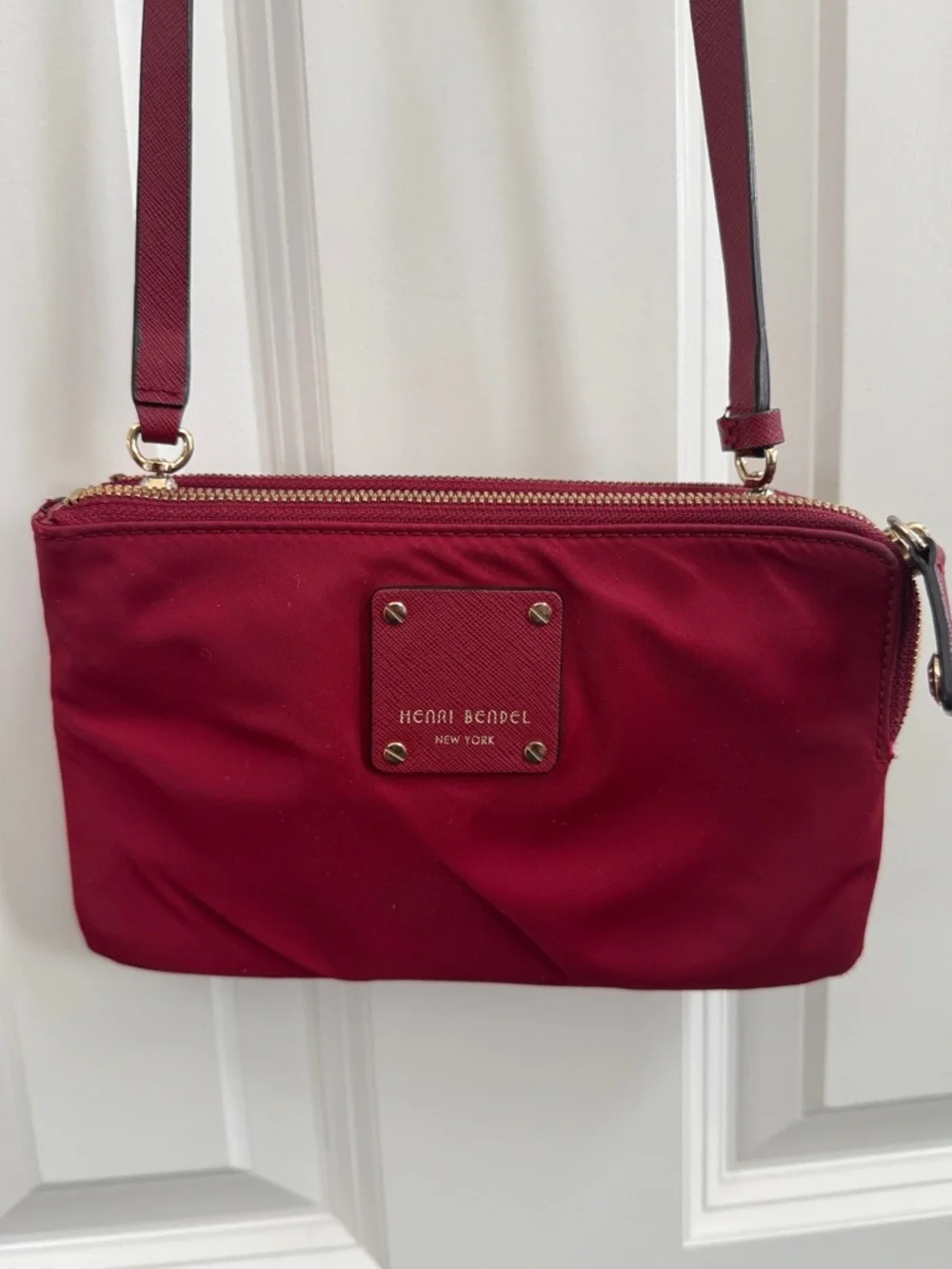 henri bendel burgundy crossbody with gold-tone accents - Picture 2 of 12